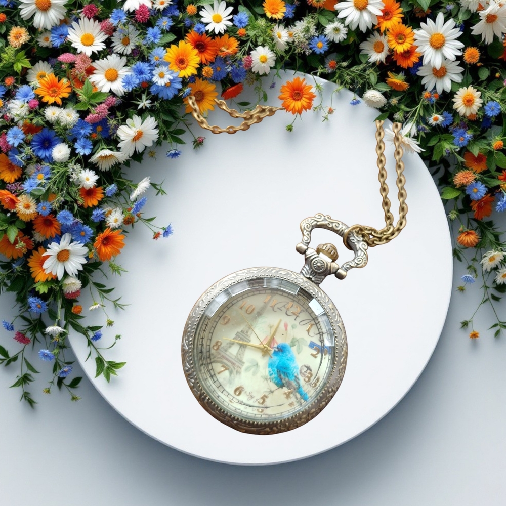 Vintage Look Antique Bronze Tone Pocket Watch / Pendant with Long Chain NWT